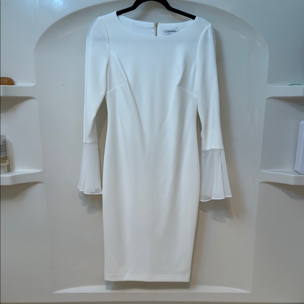 Calvin Klein White Sheath Dress with Bateau Neckline and Bell Sleeves